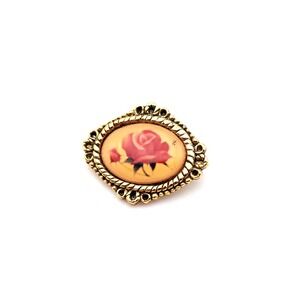 Signed CAMCO Rose Cameo Brooch Gold Tone Red Floral Pin Vintage Style